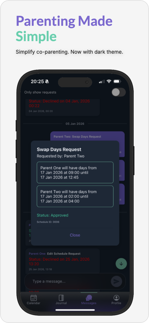 CoPals dark theme screen: Parenting Made Simple